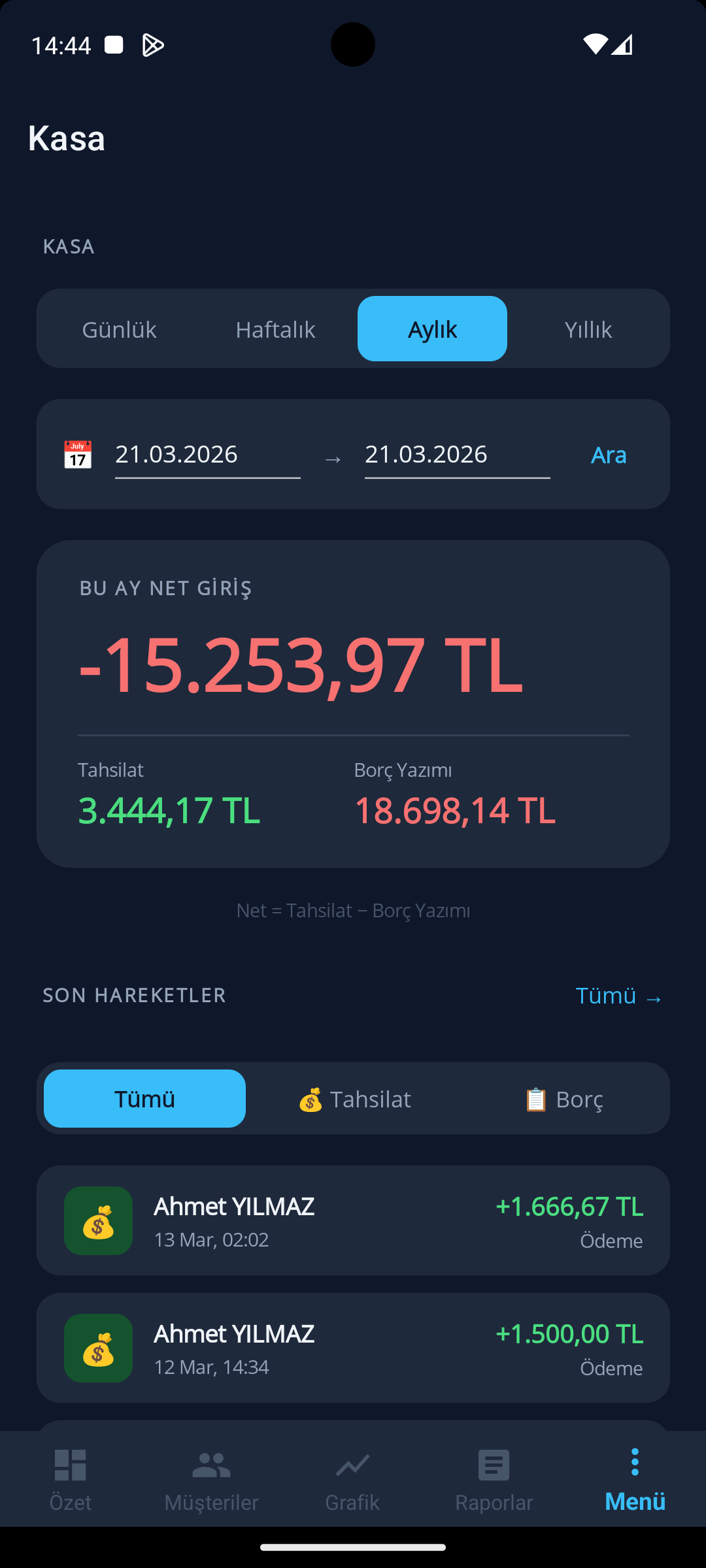 Defter Kasa işlem kaydı ekran görüntüsü